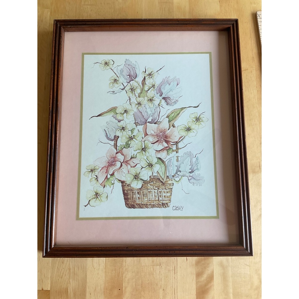 Casey Vintage Floral Watercolor Print Framed Pink Lavender Flowers in Basket